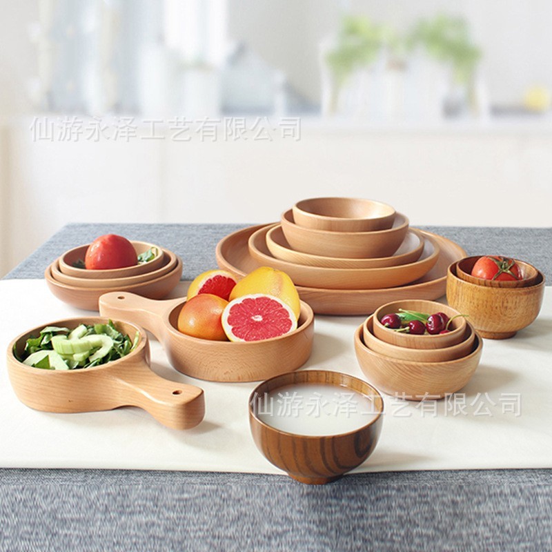 创意款日式木质沙拉碗 平底酒店厨房实木餐具 北欧手柄碗成人木碗