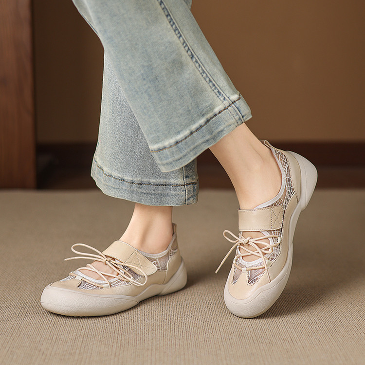 Giày sneaker nữ đế dày ren lưới phối màu cổ thấp — màu trắng ngà chi tiết 36