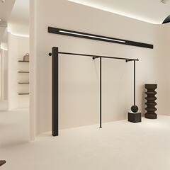 洋服店の展示棚の黒い上壁にハンガーを掛けます。