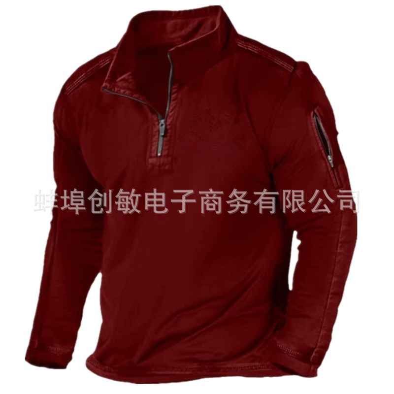 Primavera y otoño Comercio exterior más tamaño de los hombres al aire libre bolsillo con cremallera media cremallera cuello táctico de manga larga Camiseta suéter casual