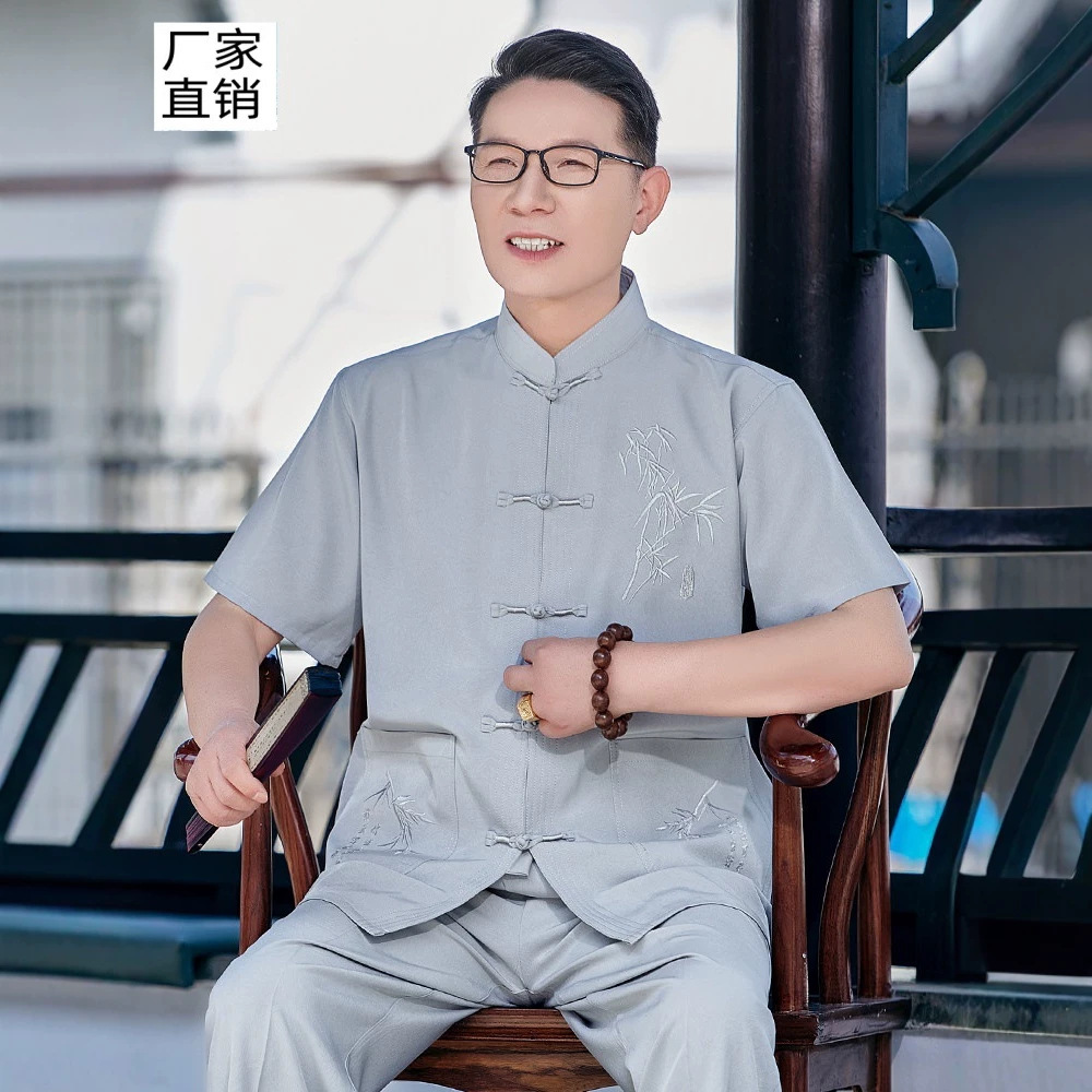 唐装短袖套装爸爸男士夏季中老年人爷爷新款中式国风冰丝衬衫衣服