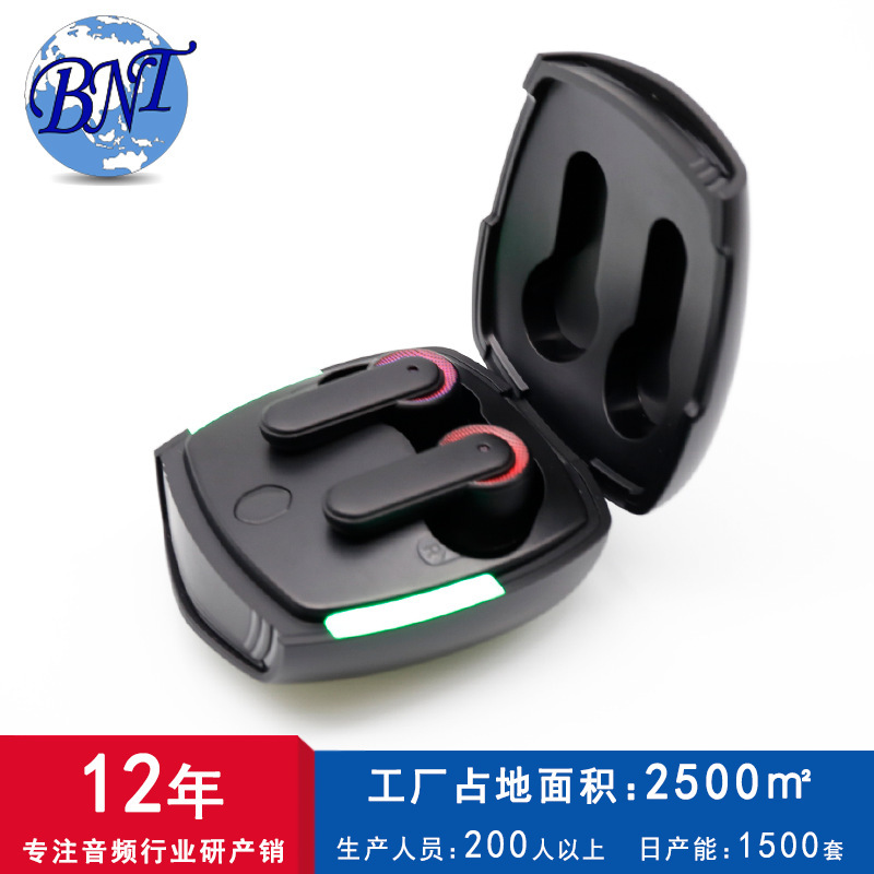 BNT cross-border wireless TWS game earphone with LED cool light semi-ear game mode Bluetooth headset customization