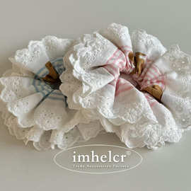 手作可爱粉蓝条纹小熊四层刺绣花边大肠发圈少女心甜美马尾发绳女