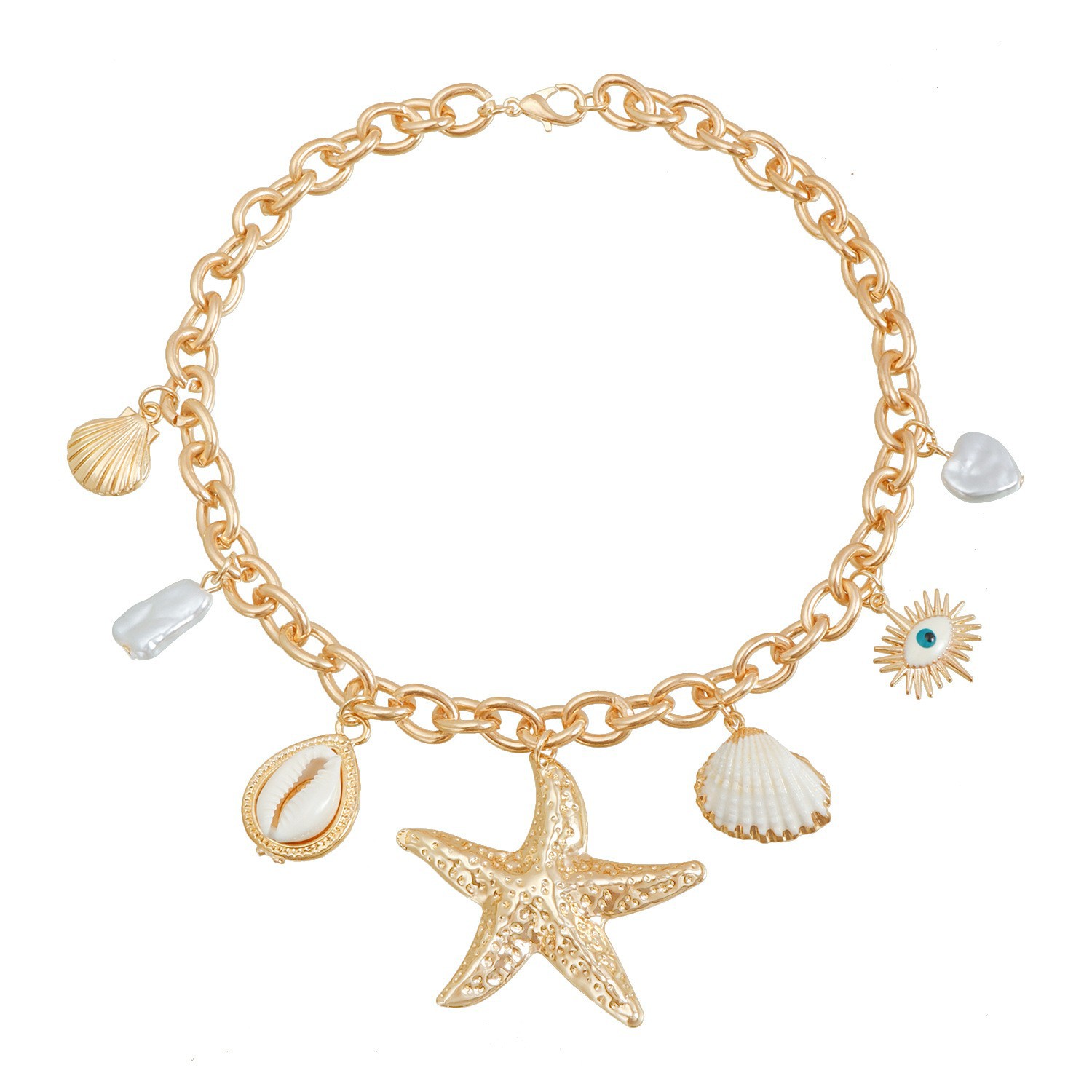 Europäischer und amerikanischer grenzüberschreitender Schmuck, sommerlicher Strand-Casual-Style, Schlüsselbeinkette mit Seestern- und Muschelmotiven_voghion.com