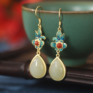  S925 pure silver ms hetian jade jade flower south onyx personality gold-plated earrings eardrop color matching earrings