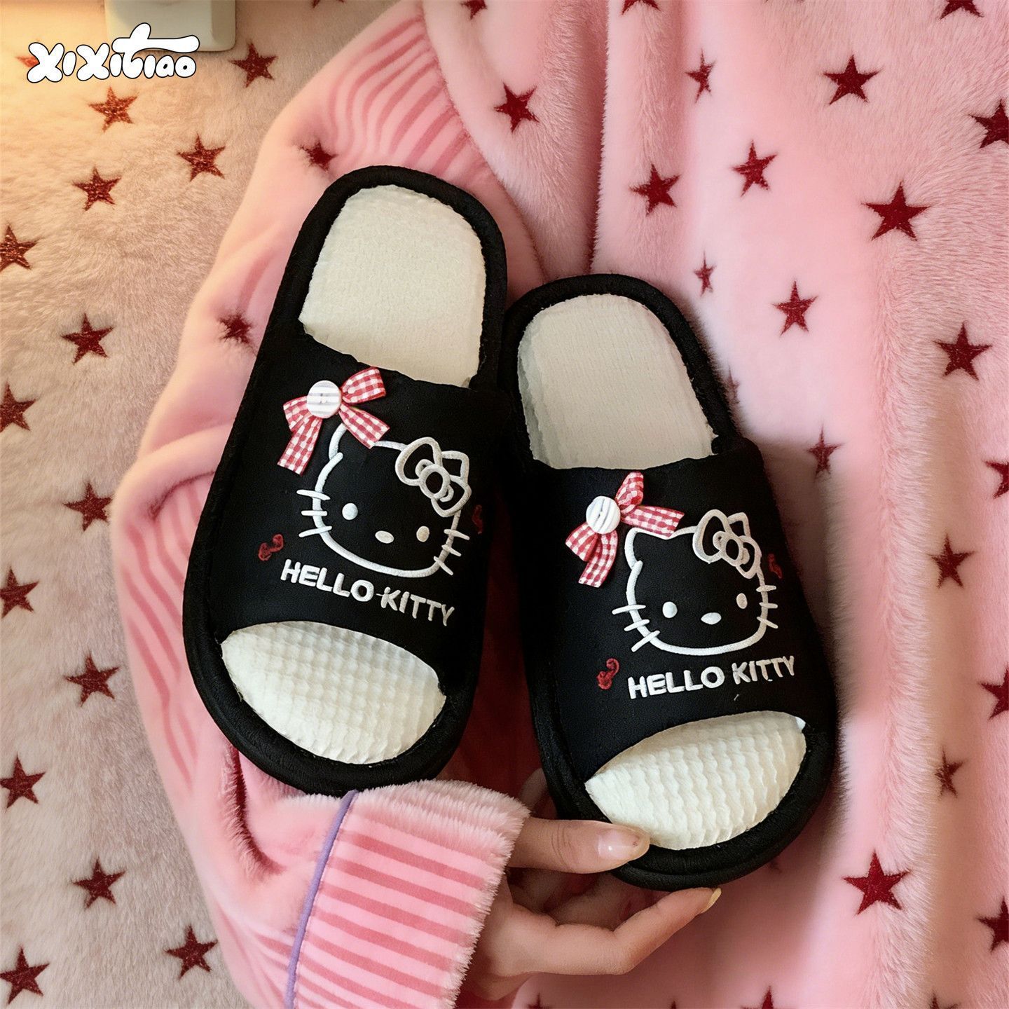 편안한 개성 귀여운 정품 HelloKitty 여자 리넨 슬리퍼 사계절 공용 침실 학생 바닥화