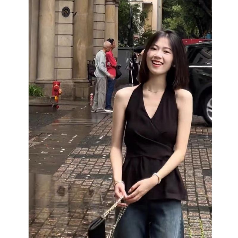 French Style Socialite-style Cross-lace V-neck Sleeveless Vest Women's Summer Elegant Slim-fit Backless Outer Neck Top