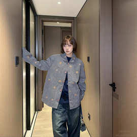 南油正确高版本驴家手工樱花水钻刺绣条纹牛仔外套宽松男女款夹克