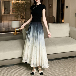 Real Shot 2025 Summer New Chinese Style National Style Butterfly Buckle Short Sleeve Top Ink Painting Pleated Horse Face Dress