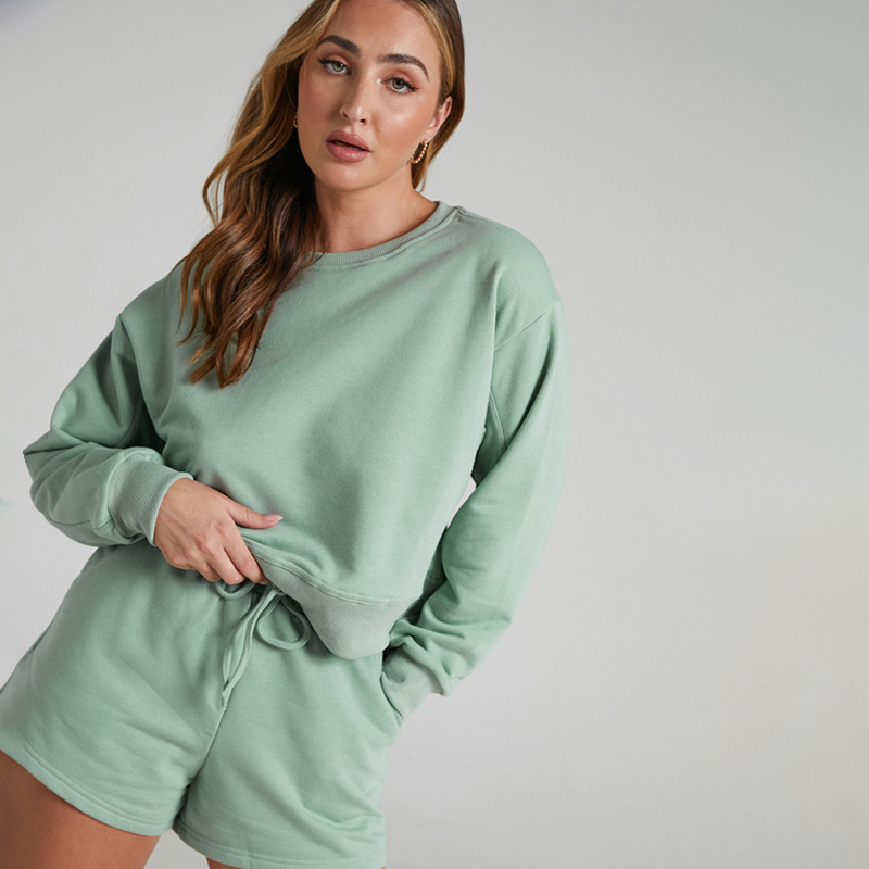 Solid Color Long Sleeve Sweaters Women Clothing Short Two-Piece Casual Shorts Suit