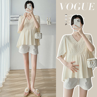 Real Shot Summer New Maternity Fashion Top Korean Short Sleeve Pullover Women's Shirt V-Neck Horn Sleeves