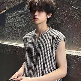 山力达迪美式鱼骨条纹运动背心男夏季潮牌设计感v领无袖t恤青少年