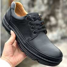 外贸男鞋经典系带休闲皮鞋厚底耐磨减震气垫舒适圆头真皮鞋宽头鞋