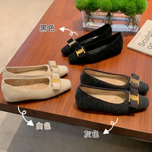 羊皮版~小香风单鞋女粗跟新款优雅经典蝴蝶结金属扣方头保暖毛呢