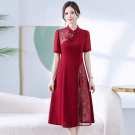 中式复古连衣裙拼色印花旗袍裙时尚气质女装短袖中长款A字裙