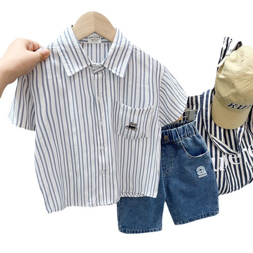 Boys' shirts summer baby boy short-sleeved shirts thin 2024 new children's summer clothes Korean style striped tops trendy