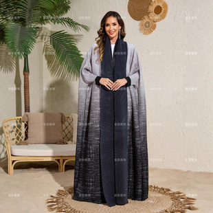 Middle Eastern Muslim Abaya Robe Women's Miyake Pleated Gradient Printed Cardigan Jacket Bat Long Sleeve Dubai