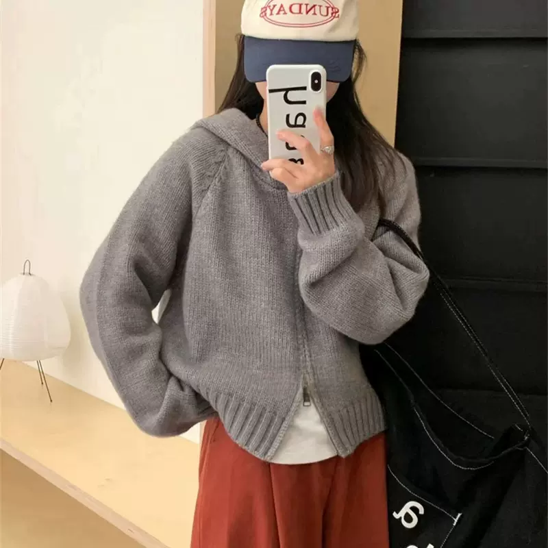 韩系慵懒风连帽针织开衫女秋冬新款宽松高级感双拉链加厚毛衣外套