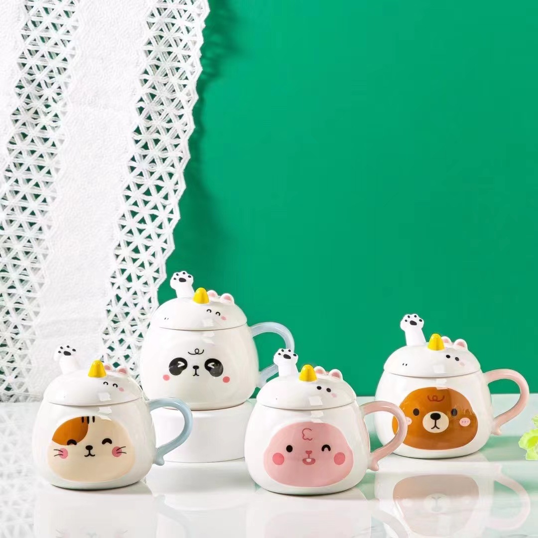 Creativo de dibujos animados lindo mordedura animal patrón de cerámica taza unicornio con tapa cuchara taza de café lindo mascota taza de agua