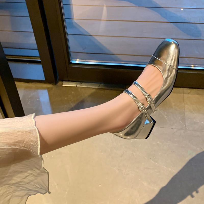 Milk Yellow Mary Jane Single-layer Shoes Women's Thick Heel Gentle Women's Shoes with One-line Buckle Small Chanel Style Vintage Low Heel silver Square Toe Shoes