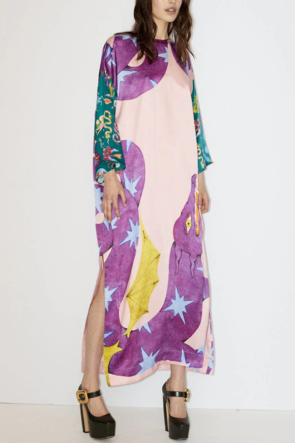 Autumn Retro Casual Loose Silk Long Sleeve Printed Maxi Dress