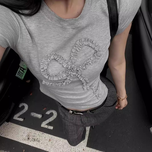 【210g 40 pieces pure cotton】pleated bow element short-sleeved round neck regular shoulder women's T-shirt for daily wear