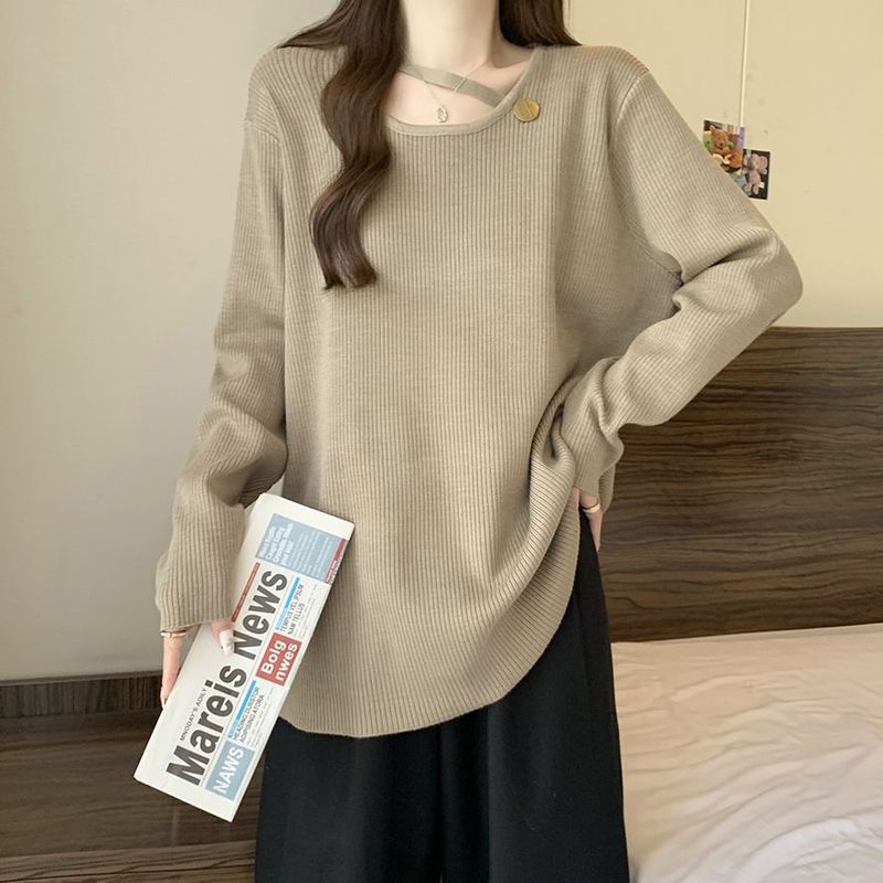 300斤の大きいサイズの婦人服の秋の長袖のtシャツの女性の新型の太っているmmのゆったりしている腹の底のシャツの百合は上着をつなぎ合わせます。|undefined