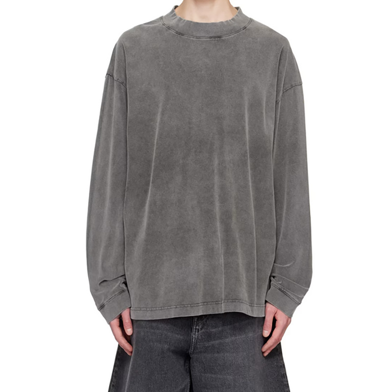 AC lavado y desgastado manga larga calle alta retro color sólido simple suelta casual todo fósforo cuello redondo camisa de fondo camiseta hombres y mujeres