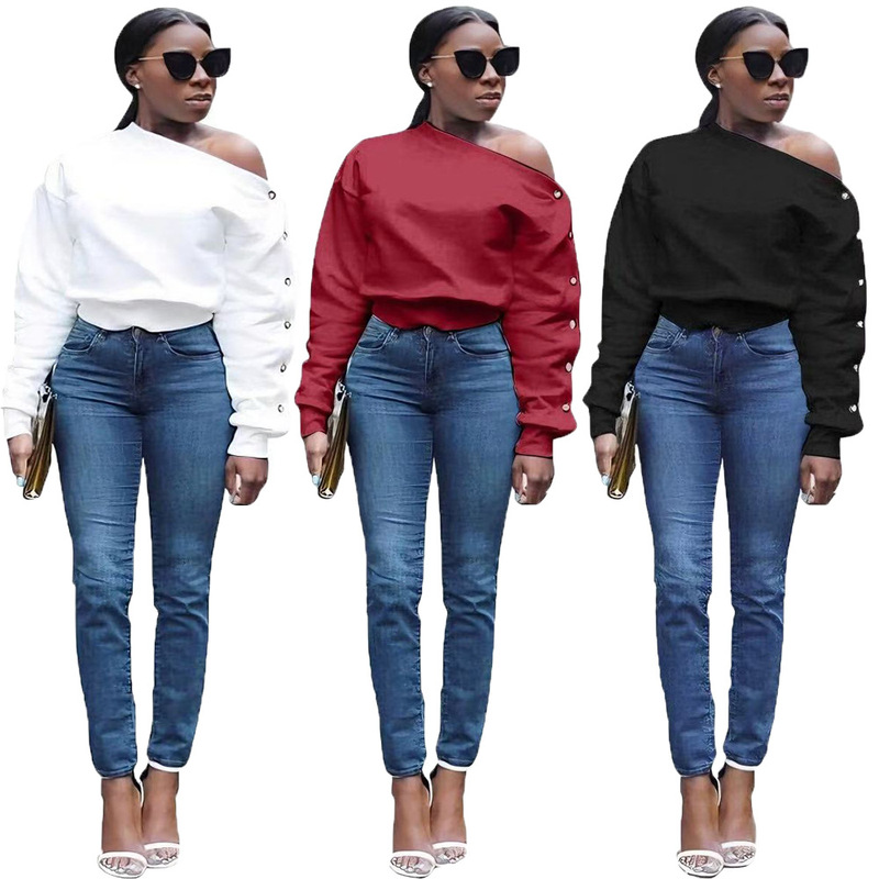 H25065 European and American Clothing Amazon Sexy One-Line Collar Slanted Shoulders Buttoned Sleeves Long-Sleeved Casual Sweatshirt