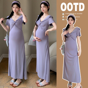 Maternity 2025 Summer New Fashion Elegant Slimming Kink Design Sense V Neck Short Sleeve Pregnant Women dress