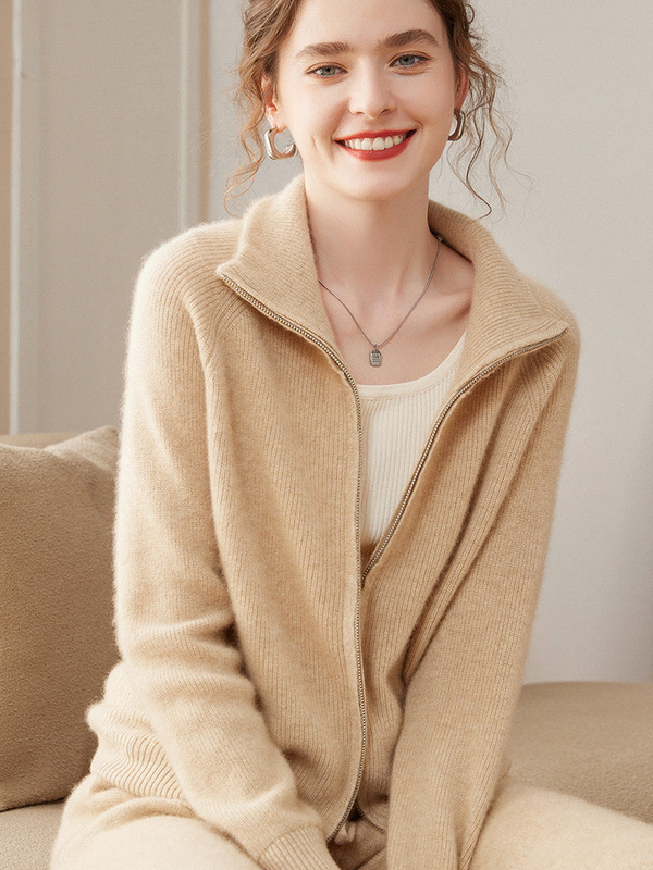 Cashmere Cardigan Women's Solid Color Autumn and Winter New Zipper High Neck Loose Thickened Cashmere Jacket Knitted Outer Wear Top