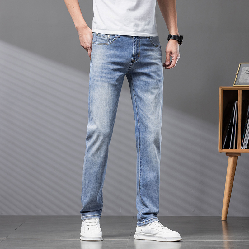 Dujia edición de alta gama europea jeans de hombre Anchor rojo azul pálido elástico lavado con agua pequeño pantalón recto de hombre