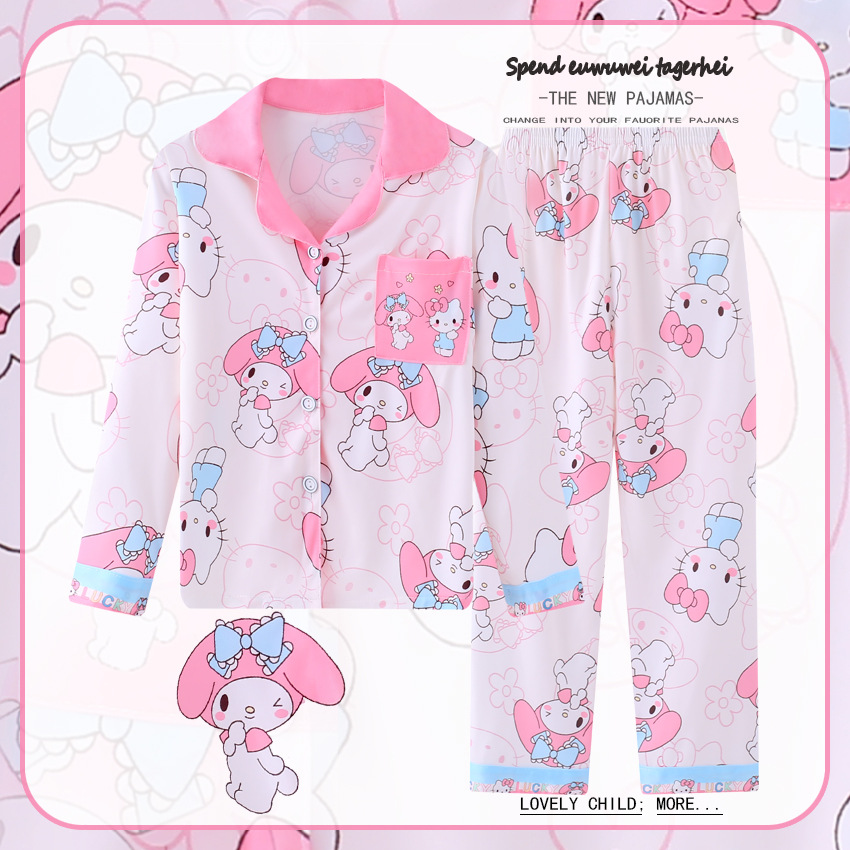 Pijamas para niños del sudeste asiático para niños de primavera y otoño para niñas de manga larga y solapa fina de dibujos animados LABUBU traje de otoño para niños grandes image 19
