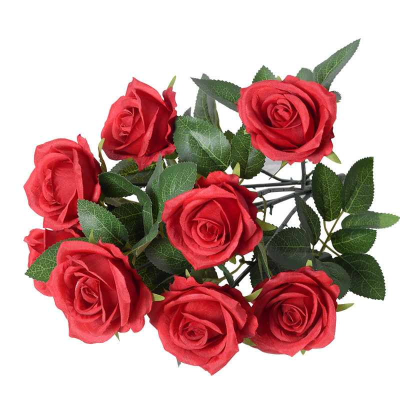 Artificial 9-Cabeza de flor Rosa decoración del hogar boda carretera plomo francés tela de seda artificial Rosa artificial ramo al por mayor