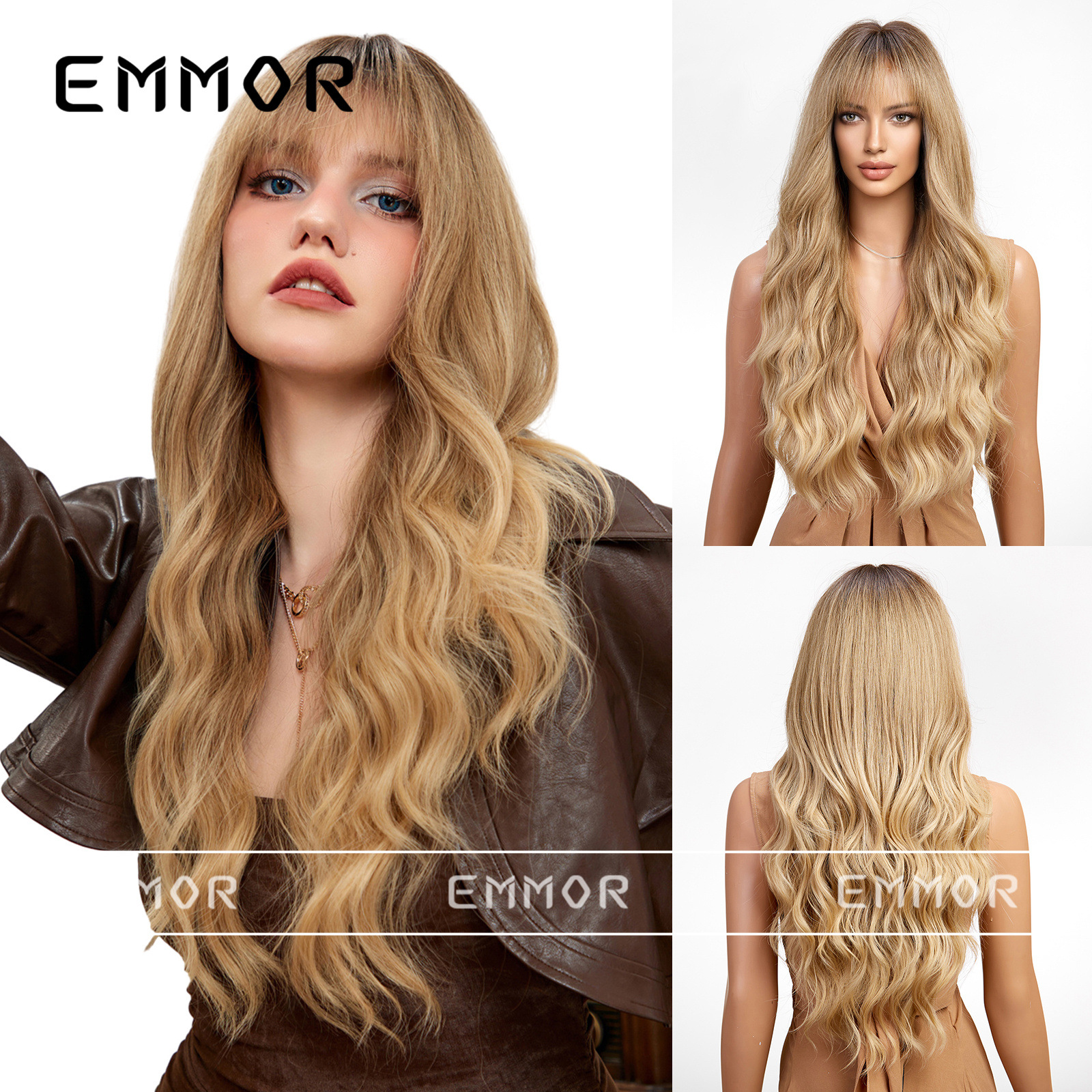 Marrón dorado teñido Rosa dibujos animados aire Bangs onda rizado Pelo Largo elegante mullido perezoso peluca cabeza completa forma