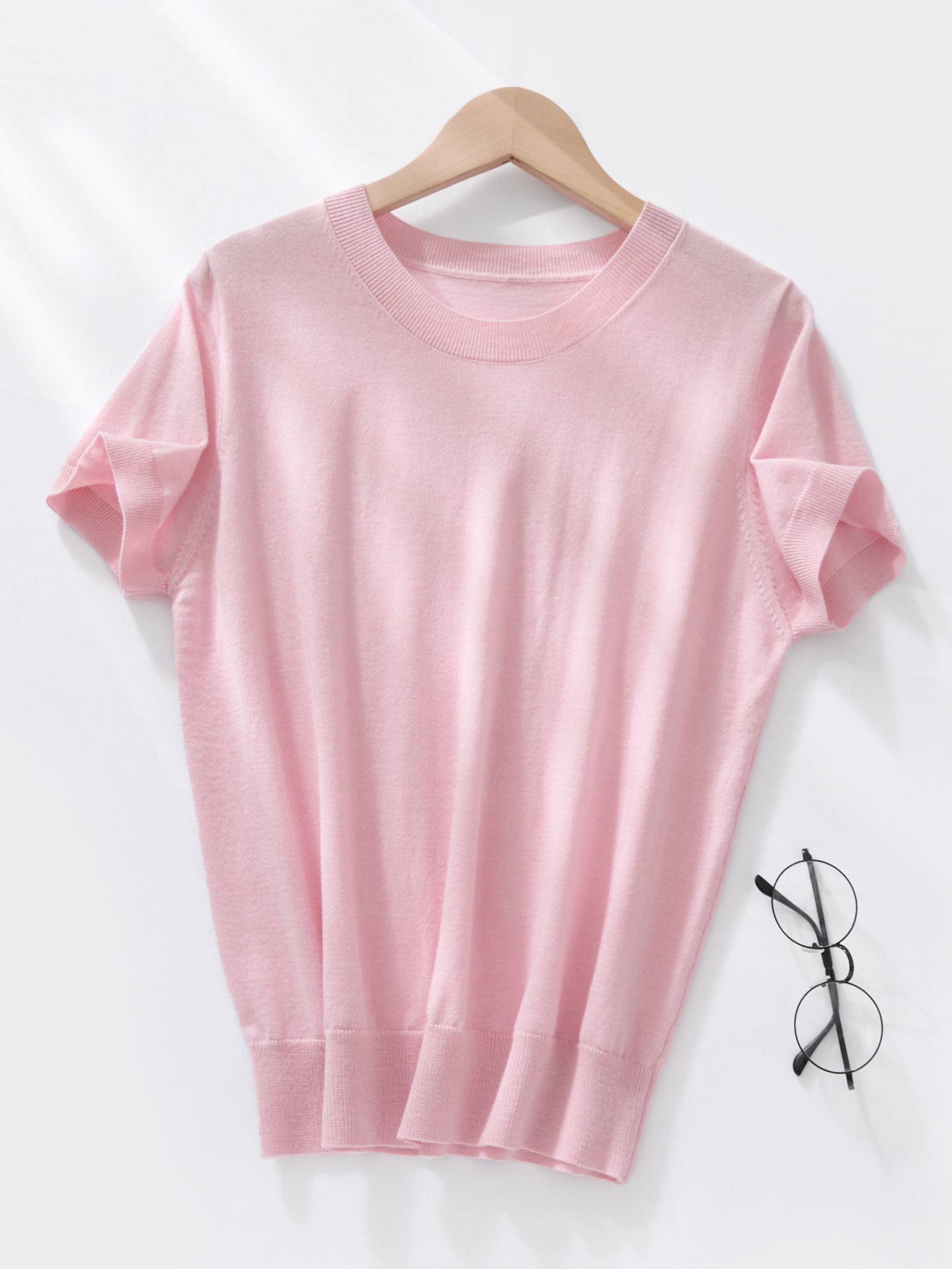 Summer woolen solid color minimalistic knitted T-shirt