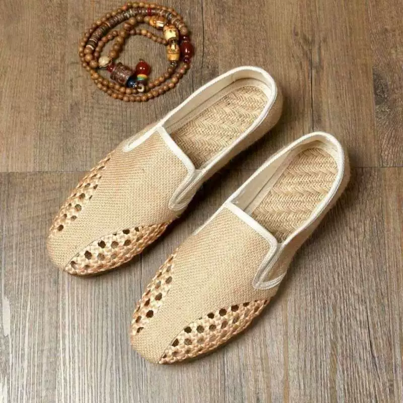 Тканая обувь в китайском стиле, летняя дышащая, впитывающая пот, сухожильная подошва, мягкая подошва, льняная парусиновая обувь, мужские туфли без шнуровки