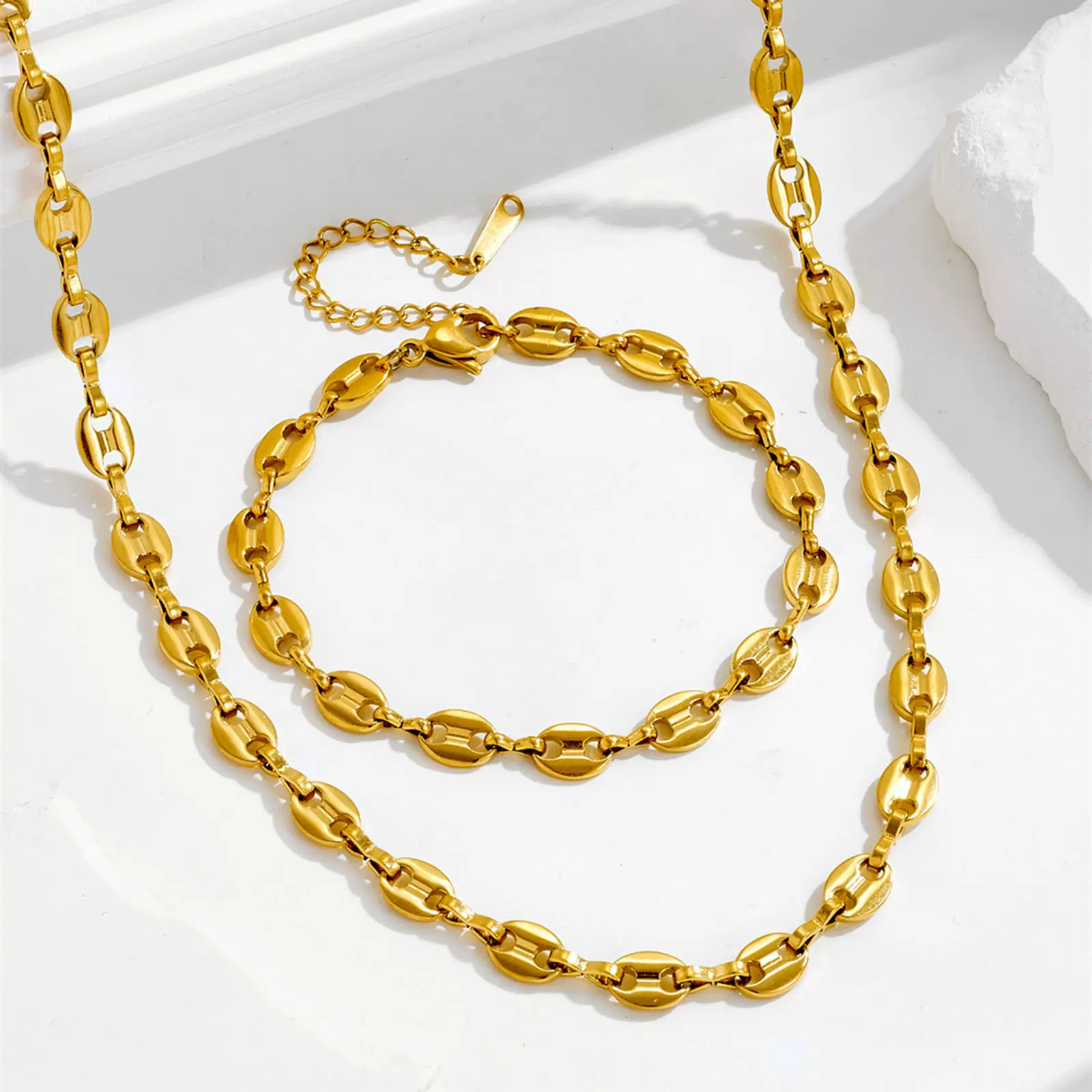 嘻哈个性冷淡风ins猪鼻子项链欧美百搭金色金属锁骨链女手链 套装