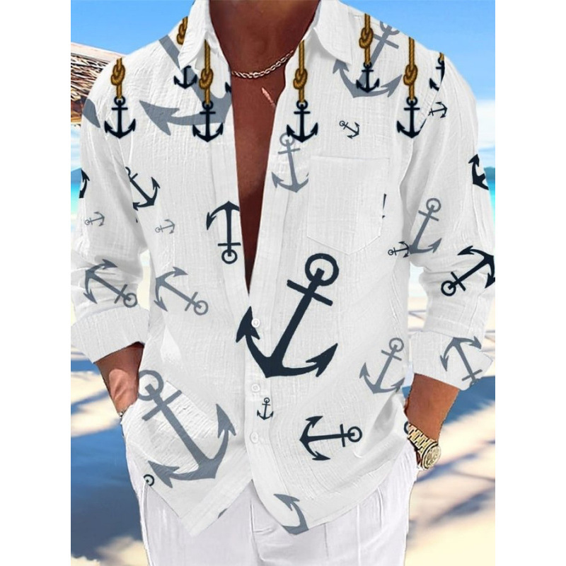 Linen Shirt Men's Long-Sleeved Autumn Versatile Fashion Trend Classic Striped Flower Turtle Print Shirt Loose