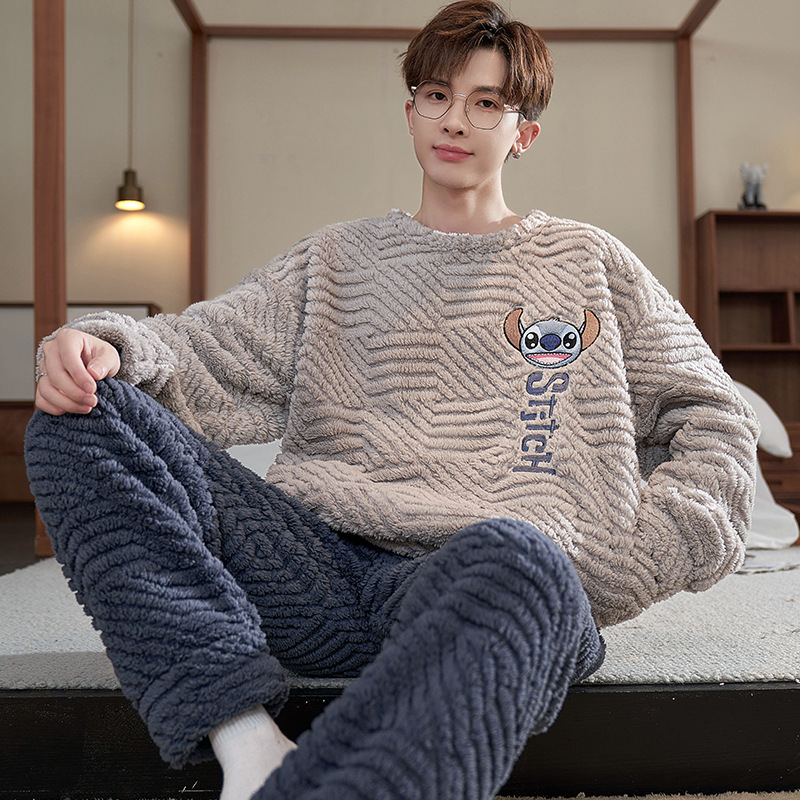 Pijamas de invierno de los hombres de coral de lana engrosada forrada de lana cálido desgaste del hogar traje de dibujos animados de franela Jersey de invierno de los hombres