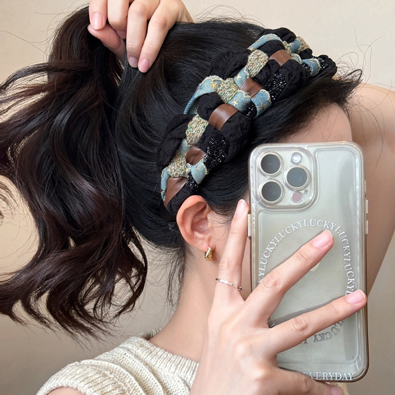 Fascia per capelli Super Face-Showing Small ~ Denim Star Twist per donna, fascia per capelli premente anti-età, di alta qualità, a tesa larga, accessorio per capelli per soffitti alti_voghion.com