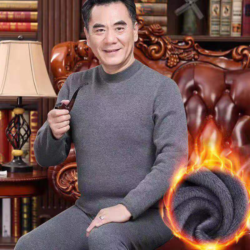 Dad's Winter Size Thickeneded Grandpa Intimates Fat Large Long Johns Men's Warm Autumn Clothes Plus Middle-Aged and Elderly High Collar Suit Fleece-Lined