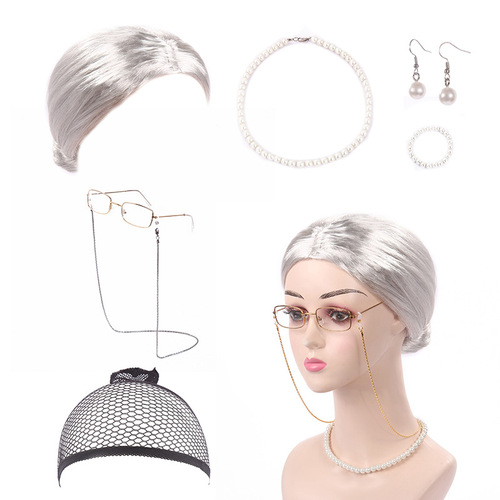 Halloween old man wig female short curly hair COS old lady silver hair performance grandma old lady hood