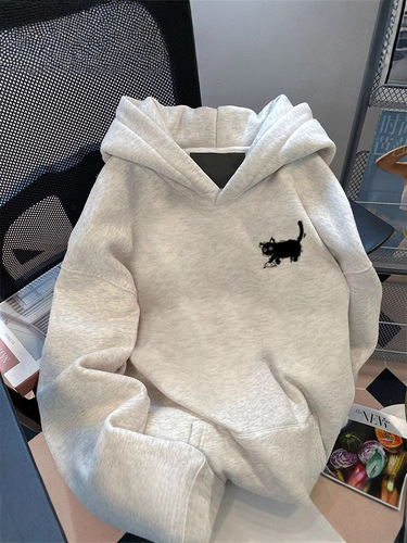 Heavyweight 500G Hooded Sweatshirt with Cartoon Cat Print, Stylish, Fleece Lined, Thick Outerwear - New Arrival Model 024