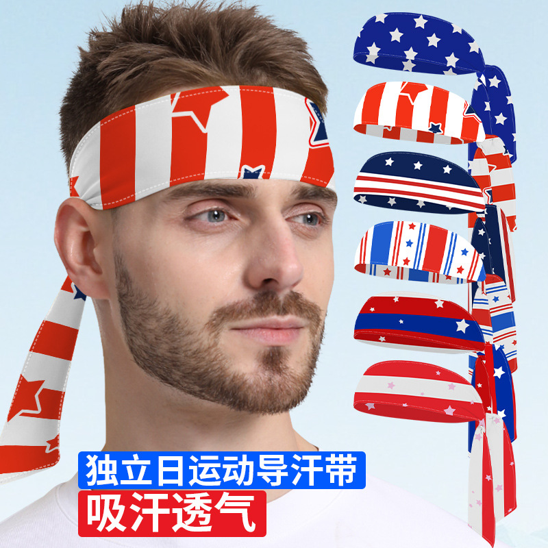 Sweat Absorbing Breathable Widened Sports Headband Independence Day Digital Printing Quick Drying Running Hair Band Strap Ice Silk Sweat Guide Belt