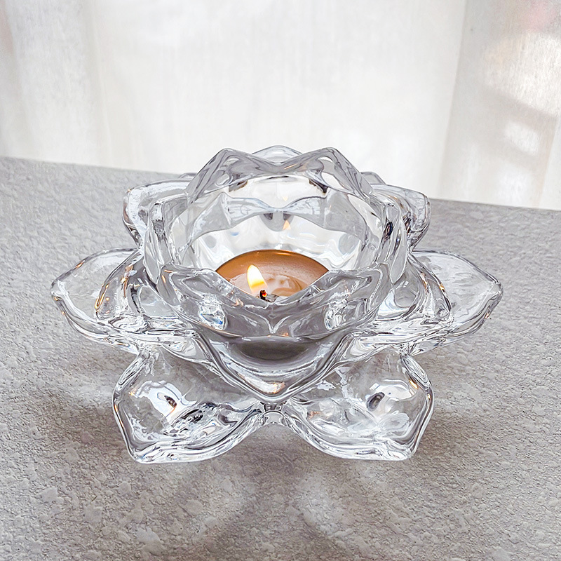 新商品の透明水晶ガラス蓮の花の燭台のろうそくの電気スタンドの蓮の花の明かりの家庭の装飾品の工芸品の置物|undefined