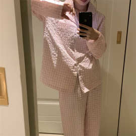 实拍2023秋季新款韩系少女显白粉色格子睡衣长袖长裤两件套套装