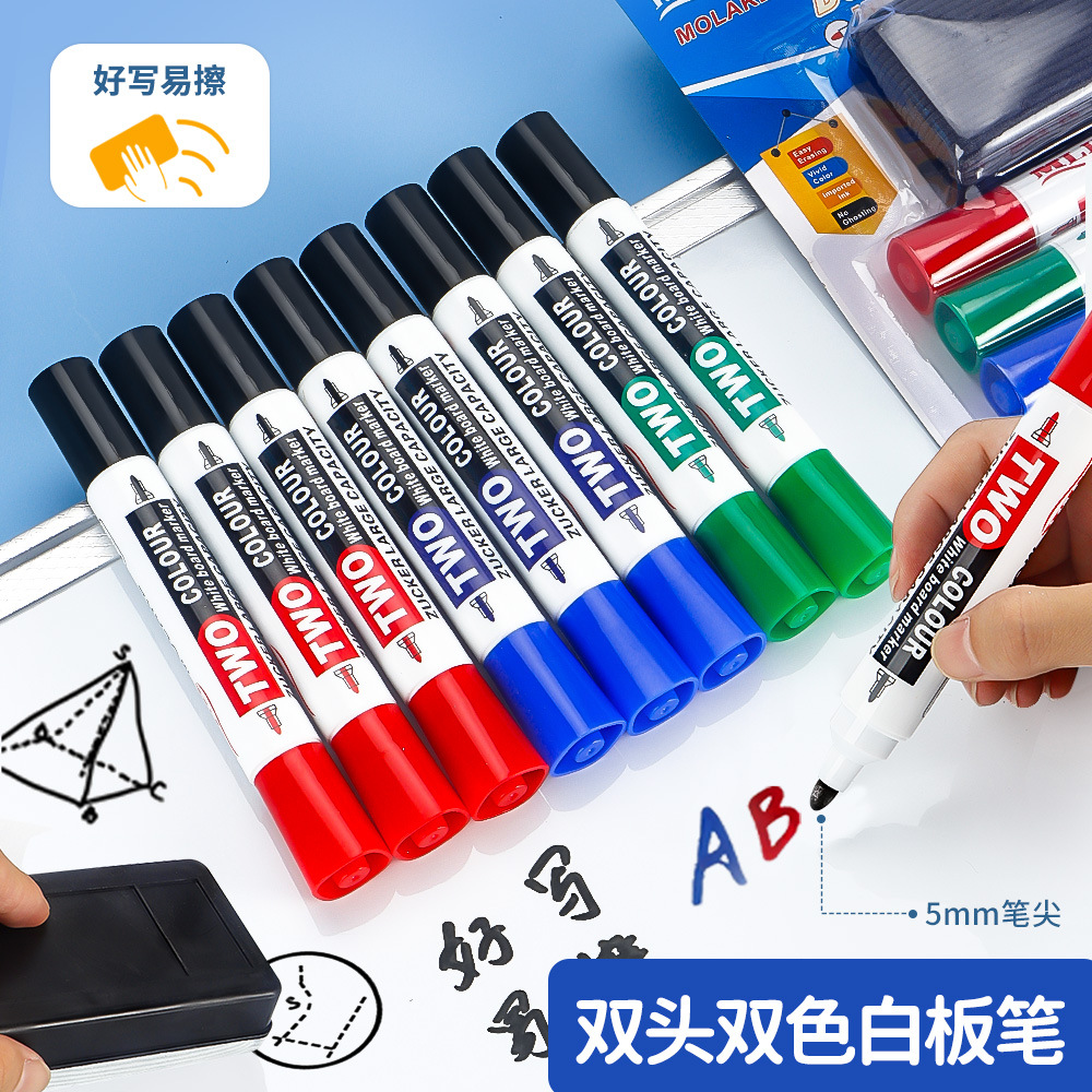 Transfronterizos de dos cabezas de dos colores bolígrafo de pizarra de enseñanza de escritura suave cinta de tinta continua pizarra limpieza al por mayor spot