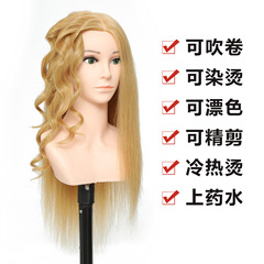Hair styling dummy with real human hair for apprentice hairdressing practice, suitable for curling, straightening, cutting, and styling; includes a doll head with shoulder stand model