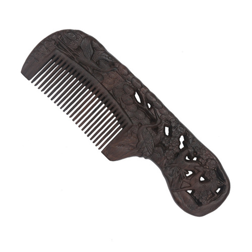 A solid wood hair comb with a black sandalwood handle, double-sided carved floral design, fine-toothed, ancient-style gift comb for smooth hair and massage.